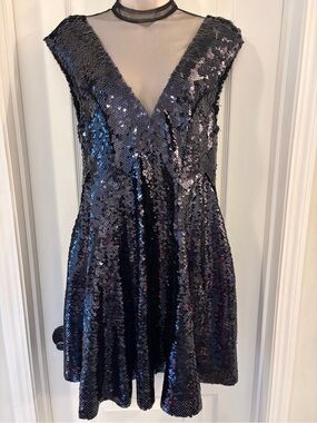 FREE PEOPLE Black Sequin V‑Neck Mesh Insert Party Dress NWT